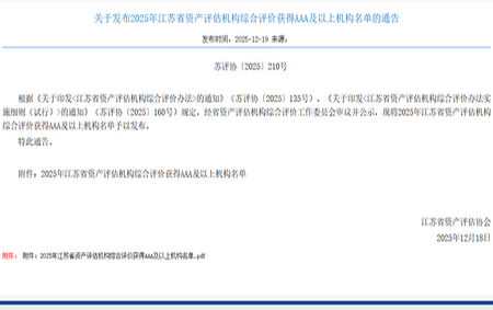 關(guān)于發(fā)布2025年江蘇省資產(chǎn)評(píng)估機(jī)構(gòu)綜合評(píng)價(jià)獲得AAA及以上機(jī)構(gòu)名單的通告